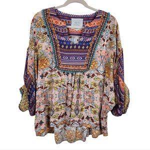 John Mark Peasant Bohemian Boho Floral Multiprint Embroidered Blouse Size Medium